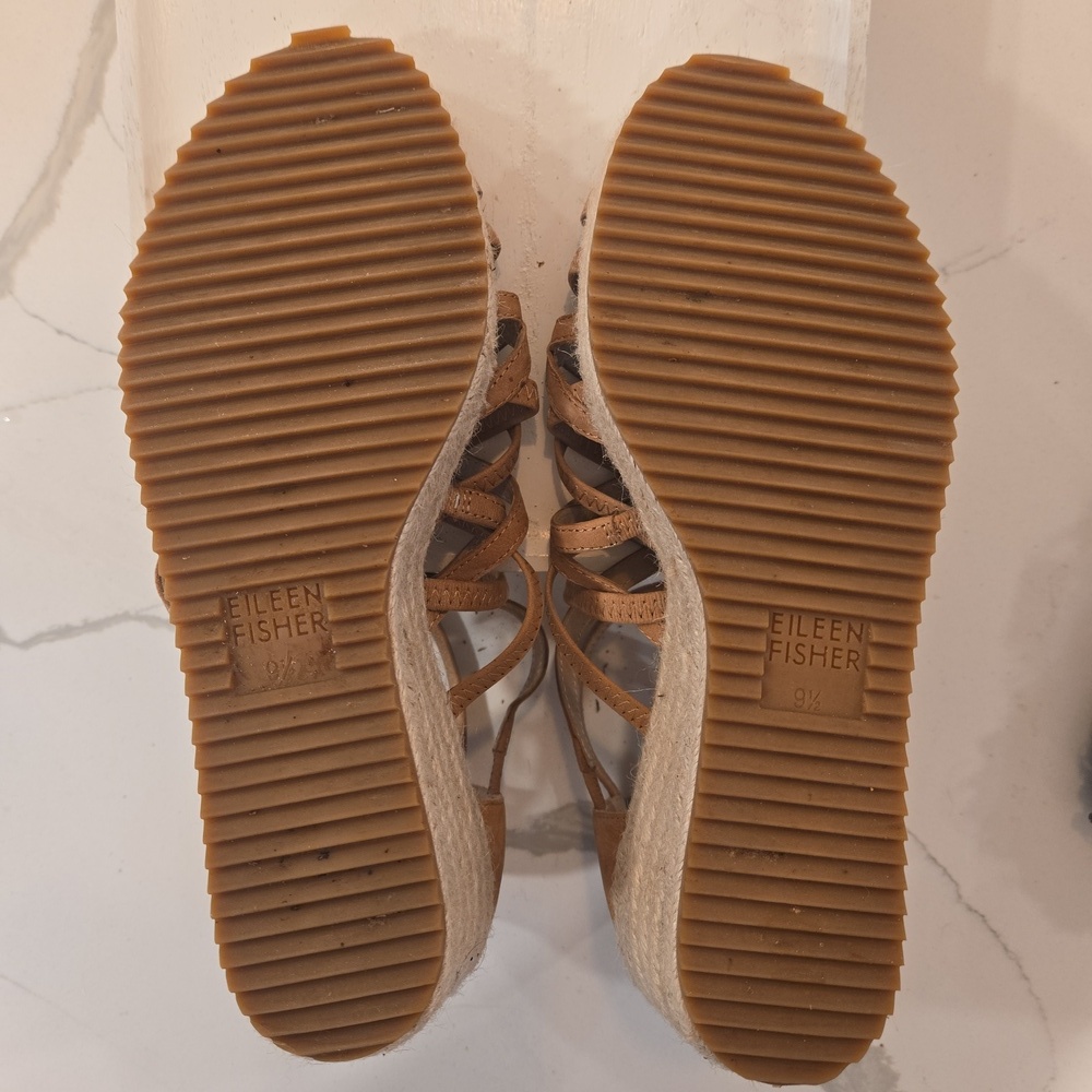 Eileen Fisher Tan Suede Criss Cross Strap Wedge Chunky Espadrilles Sandals 9.5 - Picture 7 of 8